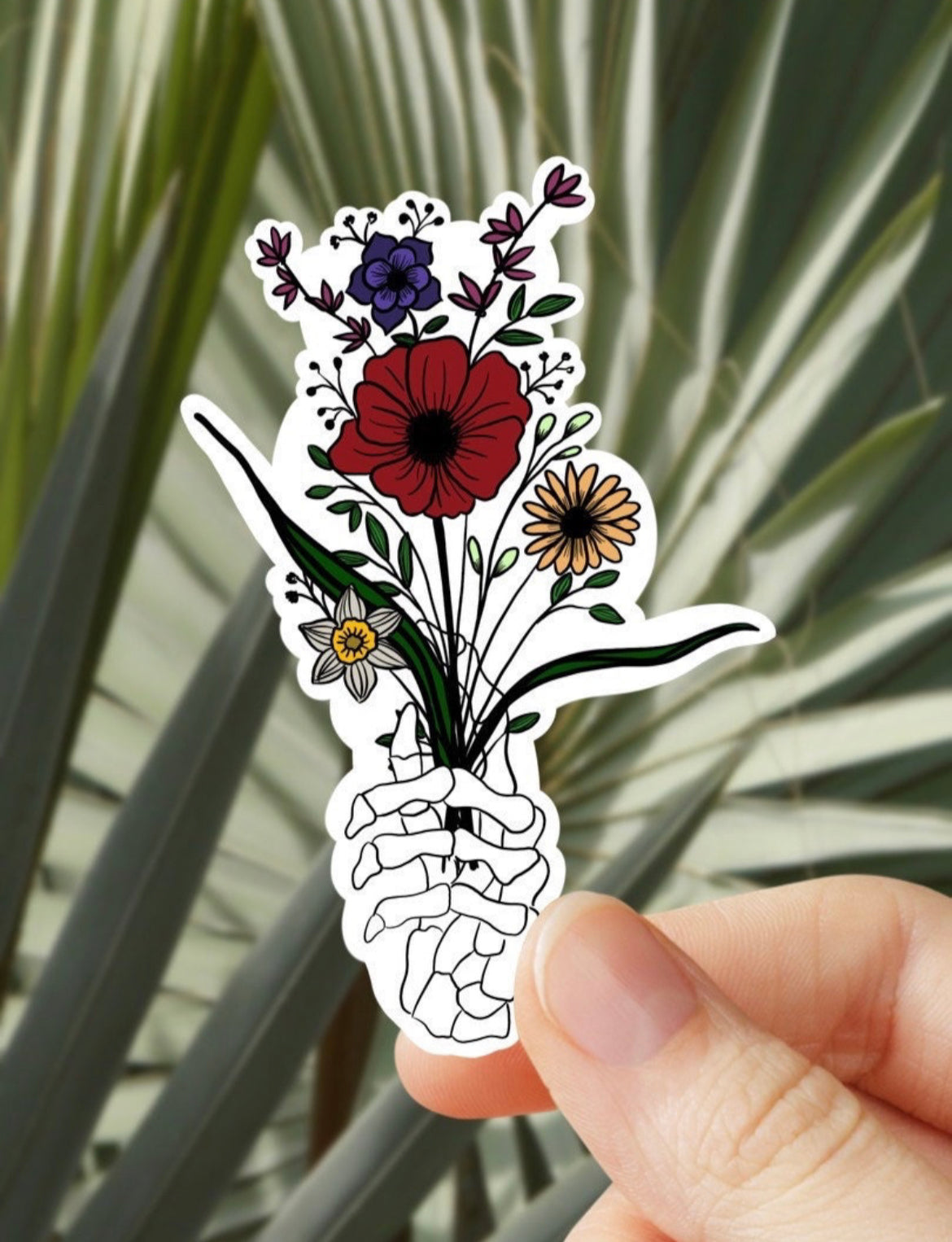 Halloween Skeleton Hand Holding Wildflowers Vinyl Sticker